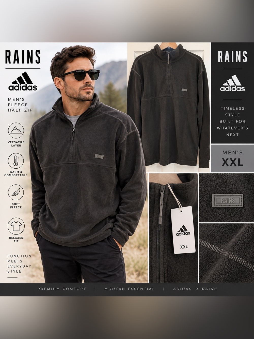 NWT RAINS Addis Fleece Half Zip GQ Black – XXL – NWT